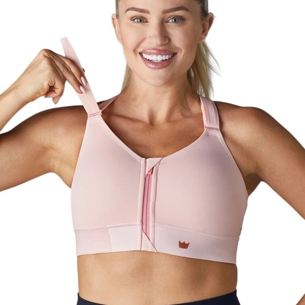 Shefit Flex Sports Bra 5Luxe Pink Blush Zip Front Wirefree Support With Wash Bag